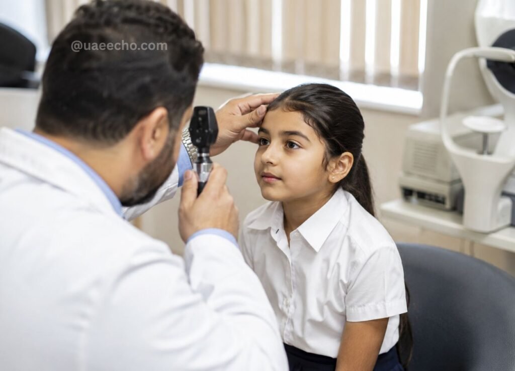 - UAE Echo Optometrist inspecting a girl's eye with an ophthalmoscope during an eye exam in a clinic.