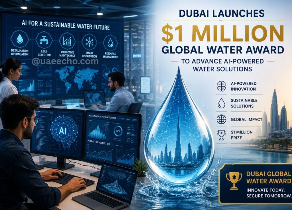 - UAE Echo Engineers at desks monitor AI and water data dashboards; a large poster promotes Dubai's alt=