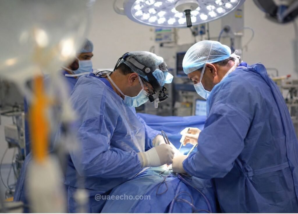Surgeons in blue scrubs performing surgery under bright overhead lights, using instruments and clamps at the patient’s sterile drape.