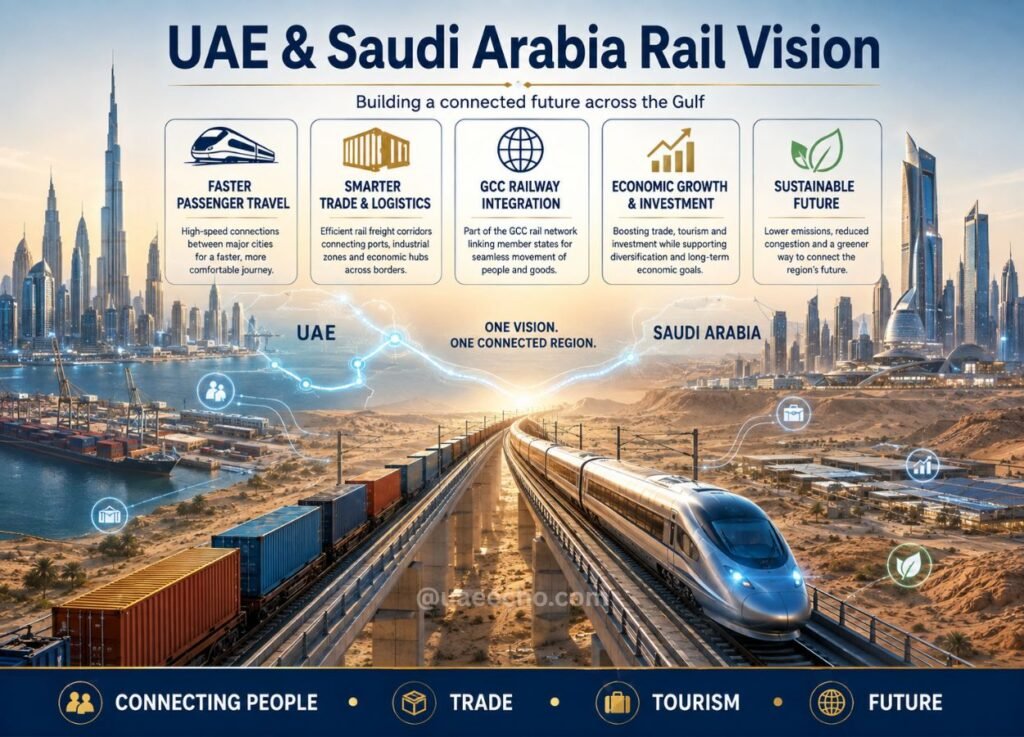 - UAE Echo Infographic banner for UAE & Saudi Arabia Rail Vision: a high‑speed train on a desert backdrop with cargo containers, futuristic city skyline, and five icons describing faster passenger travel, smarter trade and logistics, GCC railway integration, economic growth and investment, sustainable future; bottom ribbon says Connecting People, Trade, Tourism, Future.