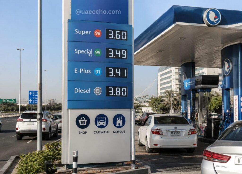 uaeechocom 23 - UAE Echo Blue gas-station price board shows: Super 3.60, Special 3.49, E-Plus 3.41, Diesel 3.80; base icons indicate Shop, Car Wash, Mosque.
