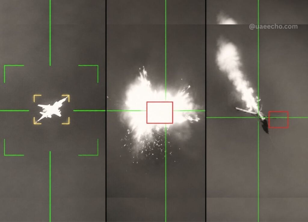 - UAE Echo Fighter jet fires as a bright explosion blooms, with green targeting lines across the image.