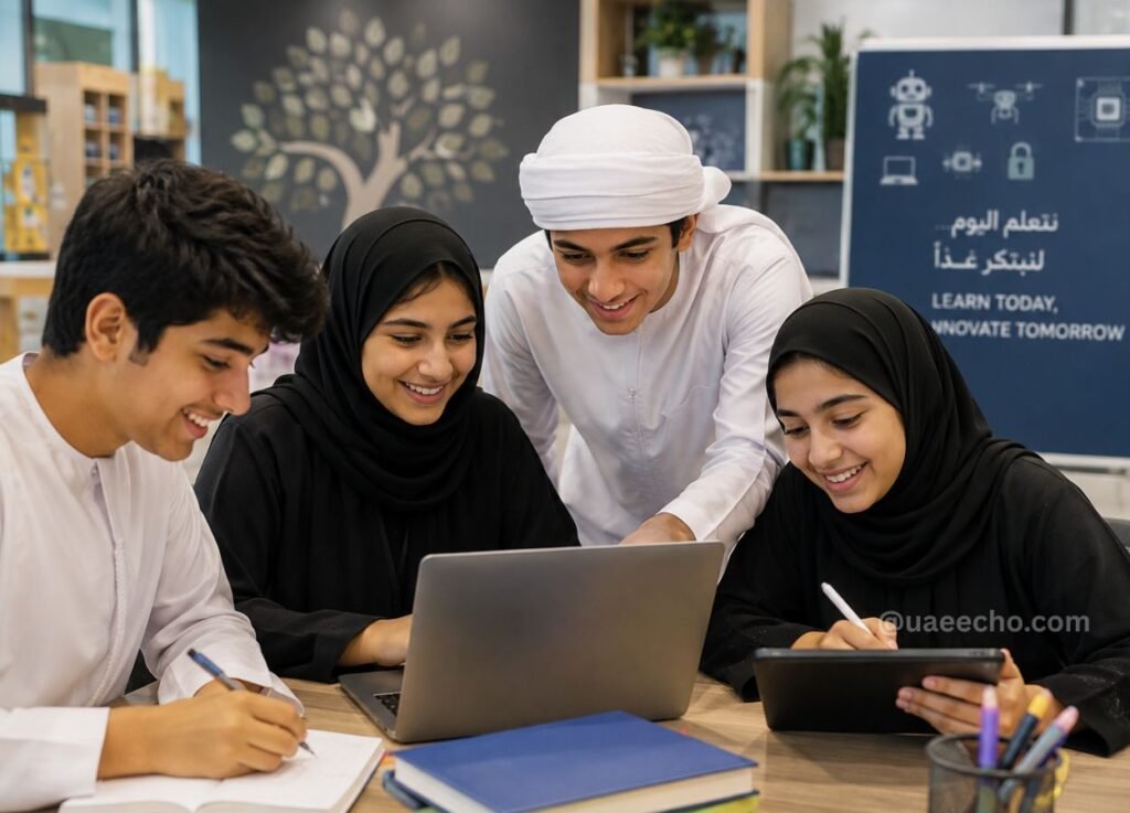 - UAE Echo Group of four students (two women in hijabs and two men) gathered around a laptop, smiling as they study together.