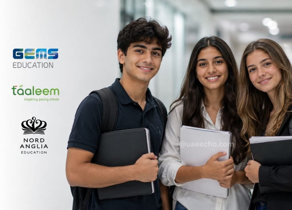Three smiling students with folders stand beside logos for GEMS Education, taaleem, and Nord Anglia Education.