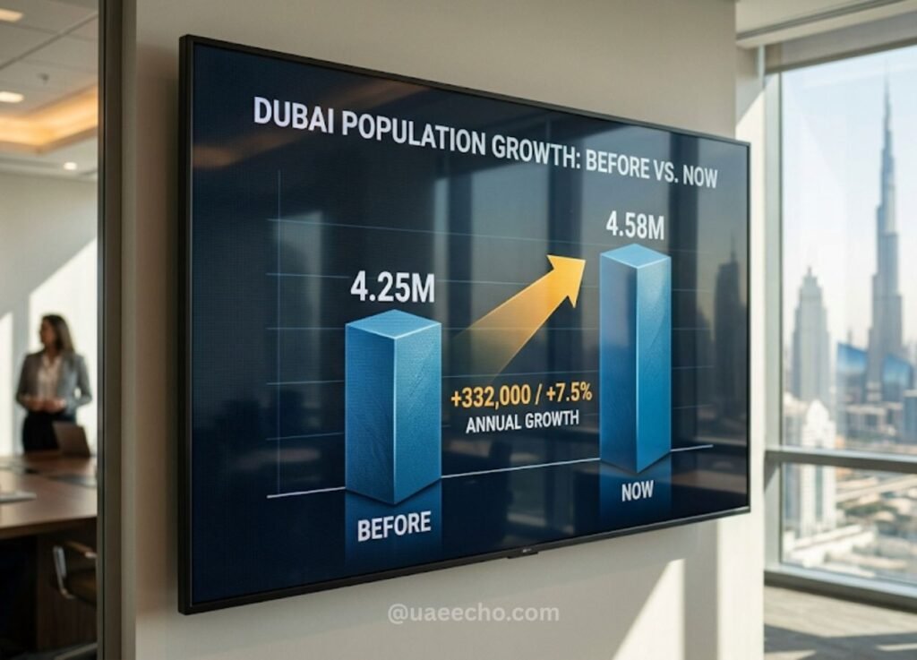 - UAE Echo Dubai population growth: before 4.25M, now 4.58M with 332,000 more residents (+7.5% annual growth).
