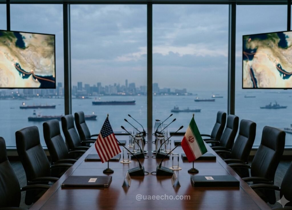 Diplomatic conference room with US and Iran flags on a long table, microphones, and a harbor view through large windows.