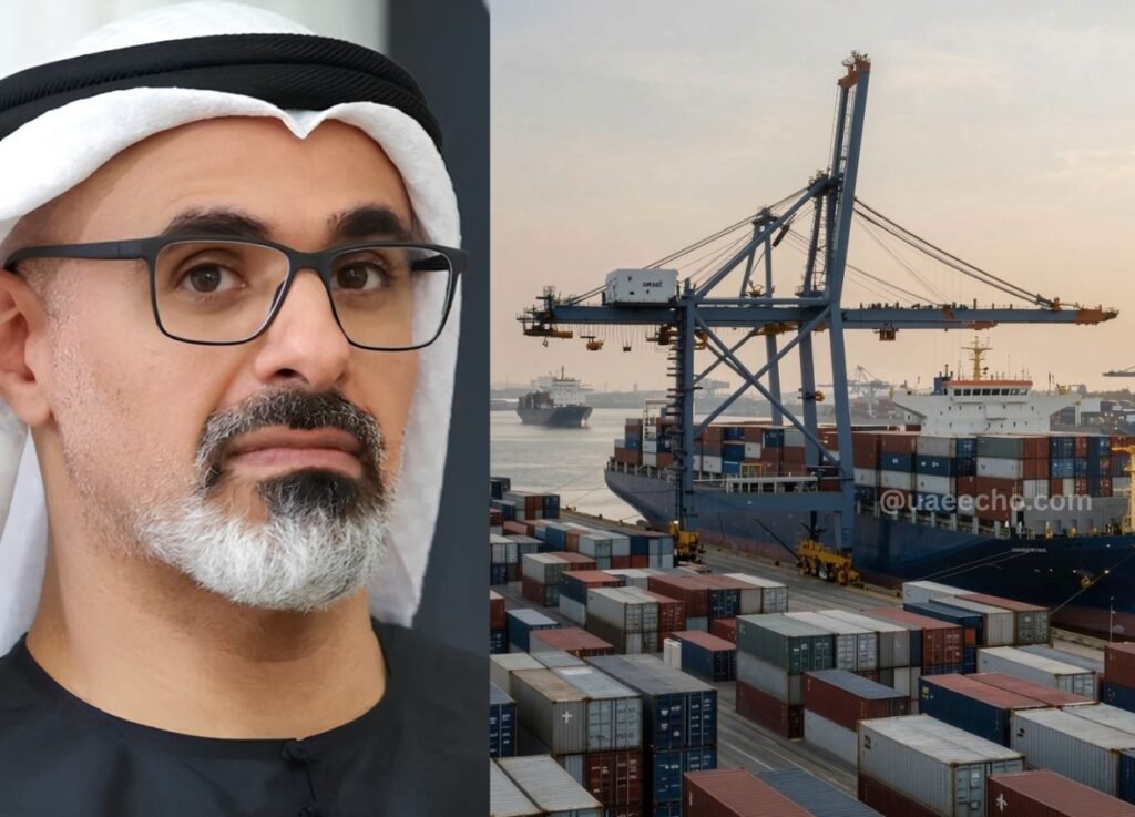 - UAE Echo Portrait of a man in traditional Middle Eastern attire with glasses and a white headscarf, next to a busy shipping port with cranes and stacked containers.