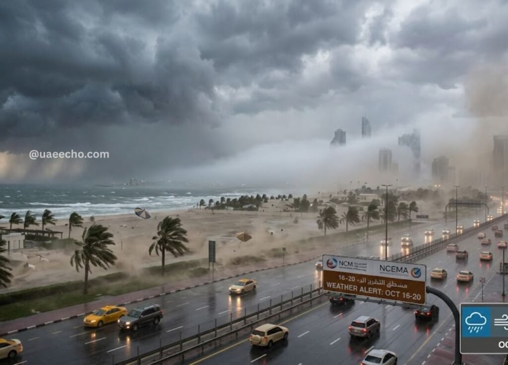 uaeechocom 2 - UAE Echo Stormy coastal city scene with dark clouds, strong wind blowing palm trees, and cars on a rainy highway by the beach. The NCEMA weather alert banner is visible on the road.