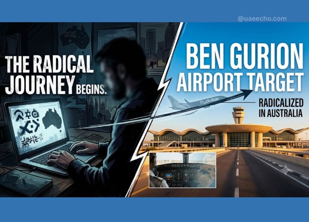 uaeechocom 3 - UAE Echo Propaganda-style banner showing a hacker at a laptop on the left with 'The Radical Journey Begins' and a plane heading to Ben Gurion Airport on the right, 'Radicalized in Australia' text visible.
