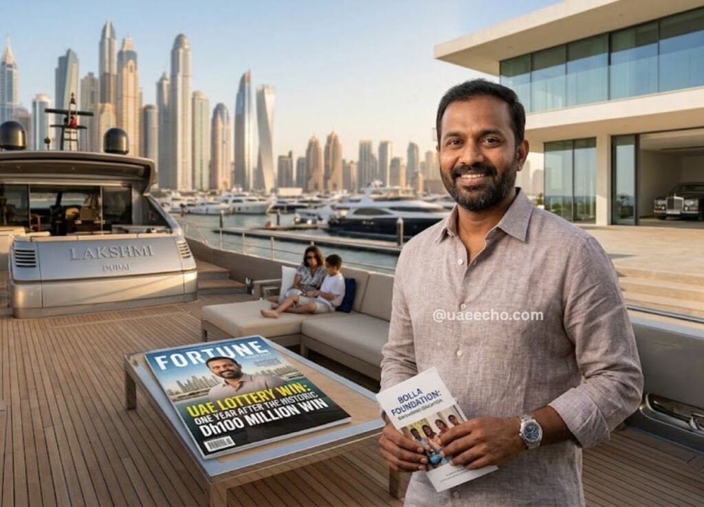 uaeechocom 59 - UAE Echo Smiling man in a light shirt stands on a luxury yacht, holding a brochure with a Dubai skyline and marina in the background.
