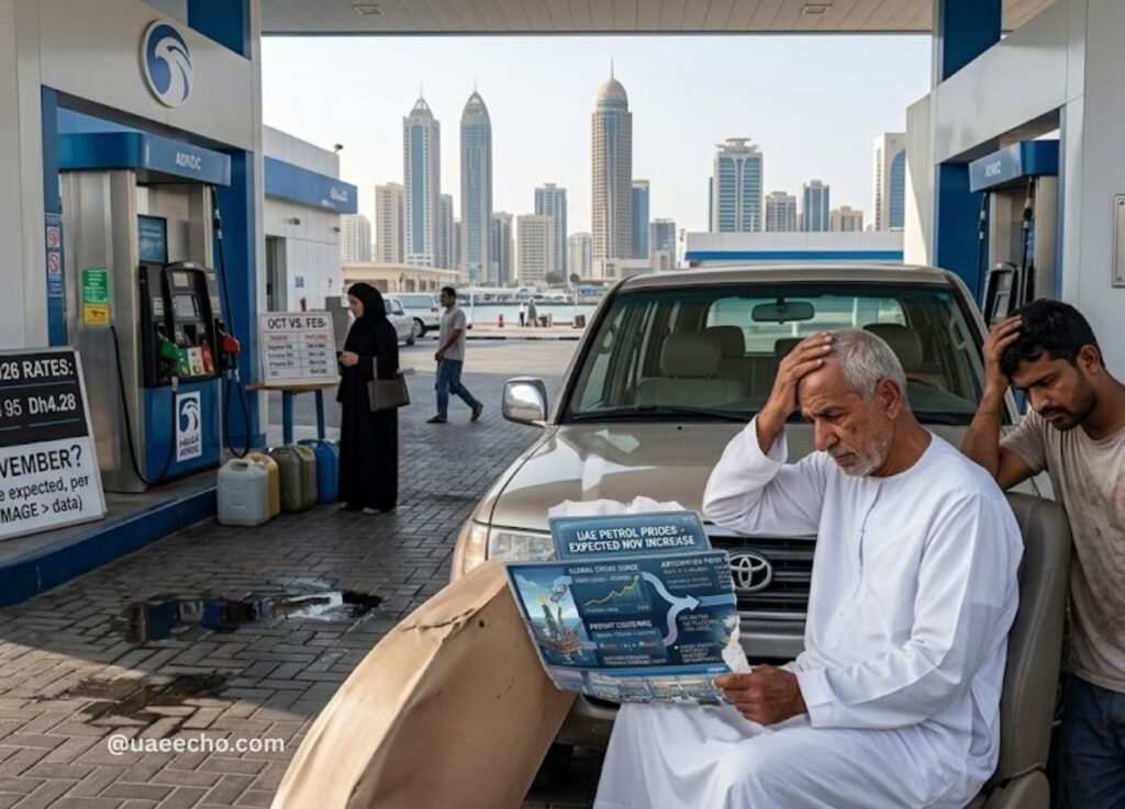 A man in a white kandura sits in a parked SUV at a UAE petrol station reading a newspaper while another man rests his head in his hand beside him, with a city skyline of tall modern buildings in the background.