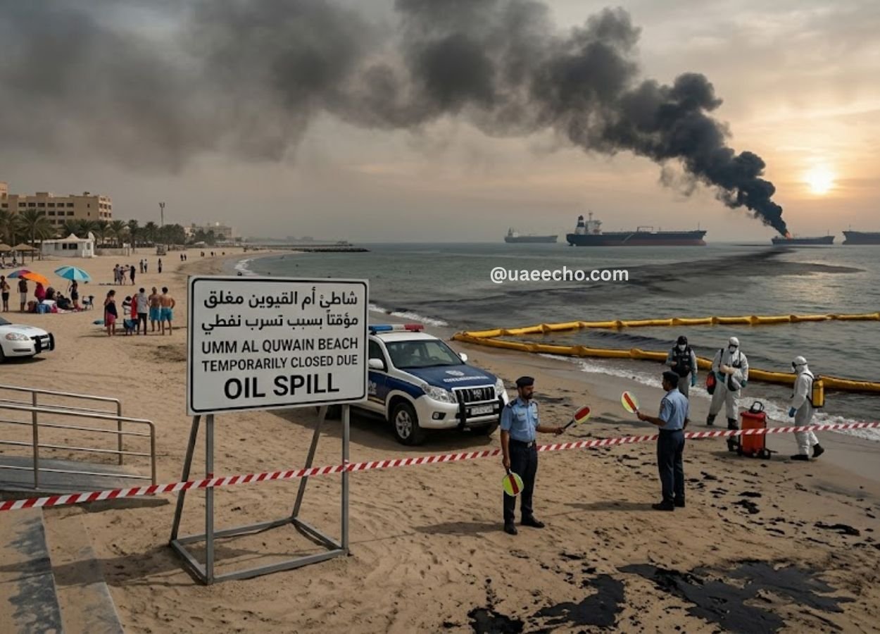 UAE Temporarily Closes Umm Al Quwain Beaches Following Off-Shore Tanker Oil Spill UAE Temporarily Closes Umm Al Quwain Beaches Following Off-Shore Tanker Oil Spill