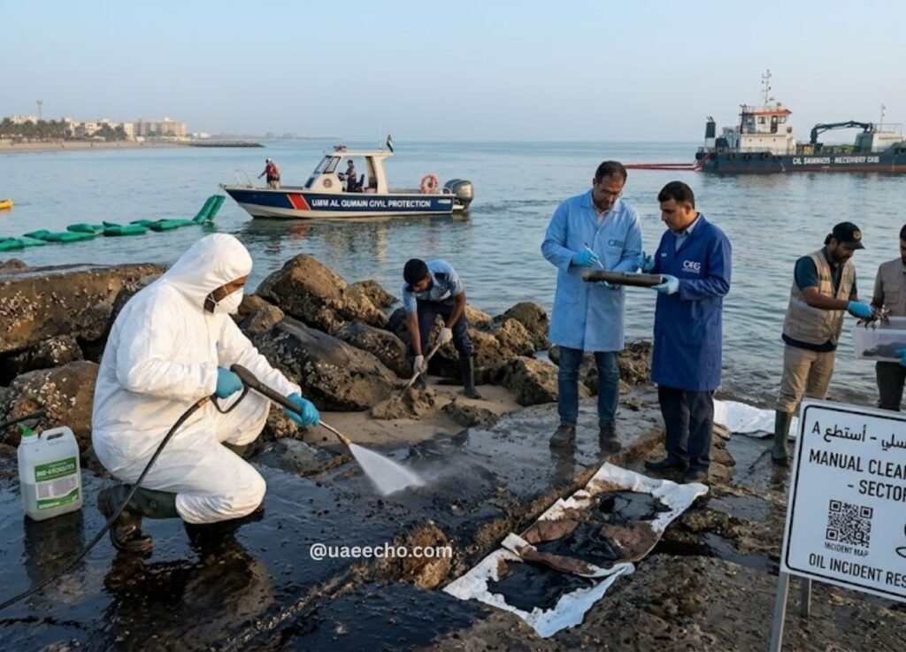 uaeechocom 62 - UAE Echo Hazmat team in protective suits cleaning an oil slick on a rocky shoreline while researchers document the scene nearby.