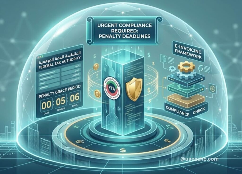 uaeechocom 63 - UAE Echo Holographic tax compliance diagram under a glass dome: central pillar with shield, left panel shows penalty deadline countdown, right panel shows e-invoicing framework and gears, with a city skyline backdrop.