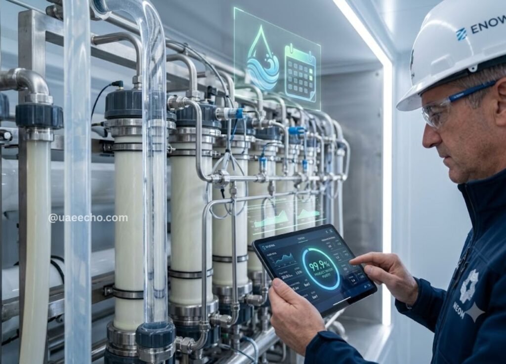 uaeechocom 7 - UAE Echo Engineer in a hard hat and safety glasses uses a tablet to monitor a high-tech water treatment system with stainless pipes and gauges in a clean lab environment.