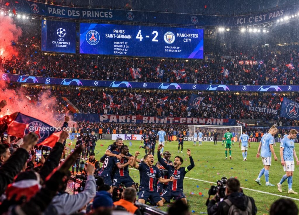 PSG players celebrate a 4-2 Champions League victory over Manchester City at Parc des Princes, with cheering fans and confetti everywhere.
